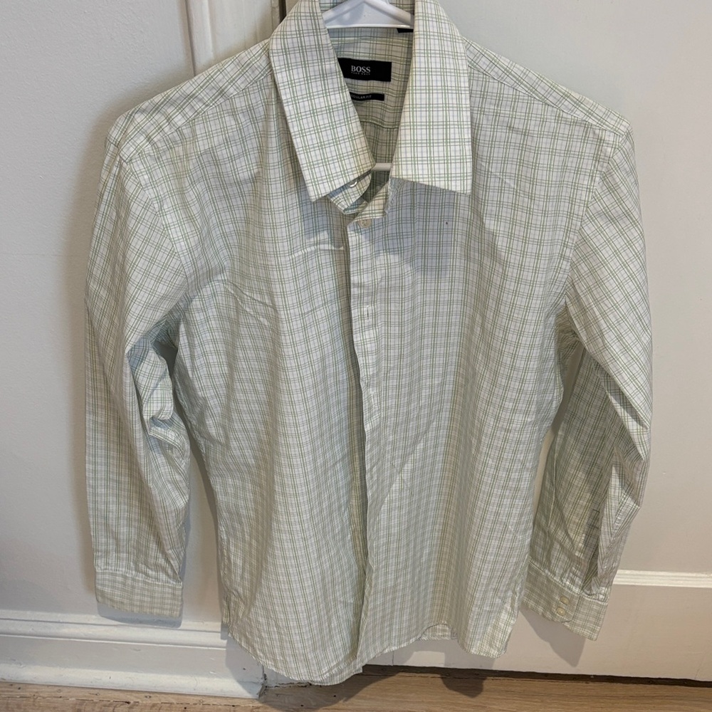 Boss Men's Light Green Plaid Shirt 14 1/2 32/33
